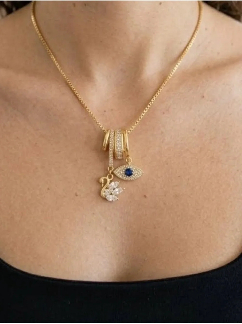 Adina Eden Gold Swan & Evil Eye Pendant Necklace With 18 Inch Chain - Picture 2 of 6